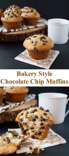 chocolate chip muffins are stacked on top of each other with coffee in the background