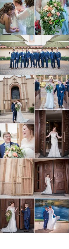 a collage of photos showing the wedding party