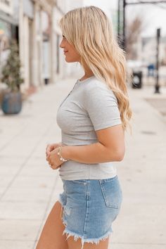 Details Grey Ribbed Henley Tee Fabric is stretchy Functional buttons Pair this tee with shorts and sandals! Unlined Size small from shoulder to hem: 20.5" Material and Care 96% rayon 4% spandex Hand wash cold, no drum drying Patterns may vary Materials may have natural variations Colors may vary from different viewing devices. Face Drawing Reference, Henley Tee, Distressed Denim Shorts, Pink Lily, Gold Texture, Face Drawing, Drawing Reference, Distressed Denim, Platform Sandals