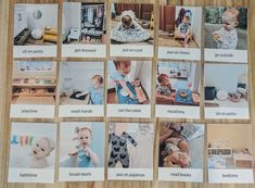 many pictures of babies in different places on a wooden table with the words baby names written below them