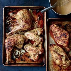 two roasting pans filled with chicken and onions