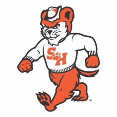 an orange and white tiger running with its paw in the air while wearing a baseball cap