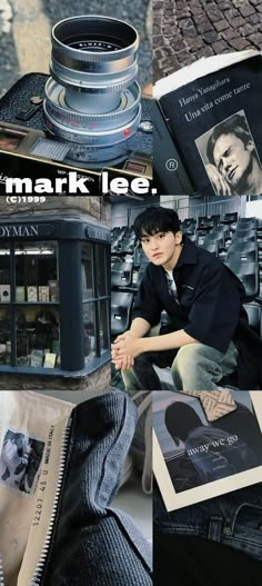 a collage of photos with the words mark lee on them and an image of a man sitting next to books