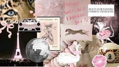 a collage of pink and black items including a car, leopard print pillow, mirror ball, cupcakes, cake, card holder with the eiff's name on it