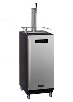 a stainless steel beverage dispenser on wheels