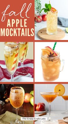 several different types of cocktails and drinks with text that reads fall apple mocktails