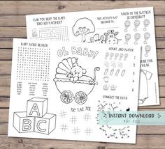 two baby shower coloring pages with the word abc on them