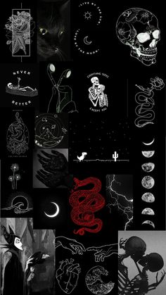 a collage of black and white images with red ink