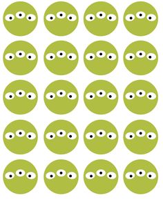 an image of green faces with eyes on them, all in different shapes and sizes