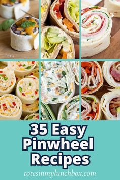 the cover of 35 easy pinwheel recipes with pictures of different types of food in it