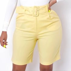 Hi-Waist W/Pockets Removable Belt 8in Inseam Waist Measurements Are 13, 14, And 15in For S,M And L. Hip Measurements Are 17, 18, And 19 Dor S, M, And L. Good Stretch For The Curvy Girl Available In Pink And Yellow S, M, L In Each Color Brand New Cheap Yellow Knee-length Bottoms, Short Waist, Pink And Yellow, Good Stretches, Pink Yellow, Pink Ladies, High Waist, High Waisted, Womens Shorts