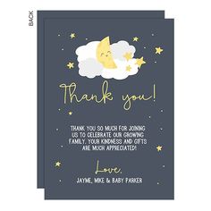 a thank card with the words thank you on it and a cartoon moon in the sky