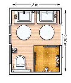 a floor plan for a small bathroom with two sinks and a toilet in the middle