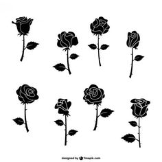 black and white rose silhouettes on a white background, set of nine roses with leaves