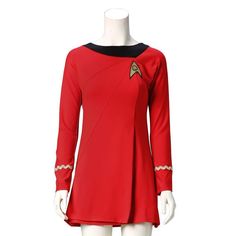 a woman's red star trek uniform on display