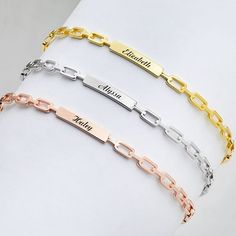 Add a stylish twist to your wrist! This cuff bracelet features a frozen paperclip chain for an of-the-moment look you will love. Personalize with a name to create a unique fashion accessory for yourself or a fun gift idea for a sister or BFF. Choose from three pretty metal colors; glittering Gold, shimmering Silver or radiant Rose Gold. Personalization cannot contain any special characters, emojis or shapes. Design and images are copyright of Limoges Jewelry and may not be resold, reused or repr Heart Cross Necklace, Statement Cuff Bracelet, Sideways Initial Necklace, Engraved Cuff, Shapes Design, Engraved Initials, Birthstone Pendant, Name Jewelry, Personalized Bracelets