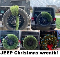 jeep christmas wreath in the back of a truck