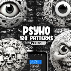 an image of some creepy looking objects with the text pshop 120 patterns for procreate