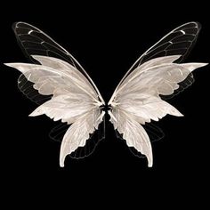 a white and black butterfly flying in the air with its wings spread out to look like it