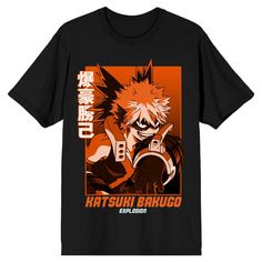 Celebrate your quirks with this my Hero Academia tee. The shirt features Katsuki Bakugo preparing for battle in front of an orange background while orange and white letters below read, "Katsuki Bakugo, Explosion." The tee comes in a black short sleeve crew neck and makes a great gift for fans of the anime. Bakugo Explosion, My Hero Academia Katsuki Bakugo, Golden Girls Merchandise, My Hero Academia Merchandise, Katsuki Bakugo, T Shirt Image, Orange Background, White Letters, Anime Inspired