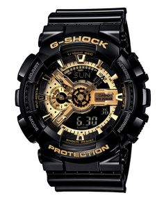 In-your-face style. There's no denying this bold watch by G-Shock. Black resin strap and round case. Gold logo embossed at bezel. Multi-layered black and gold-tone analog-digital display dial features shock resistance, magnetic resistance, auto Led, flash alert, world time, four daily alarms & one snooze, stopwatch, speed indicator, countdown timer, mute function and 12/24-hour formats. Quartz movement. Water resistant to 200 meters. One-year limited warranty. Black And Gold Watch, G Shock Black, G Shock Men, Casio Vintage, Latest Watches, Mens Sport Watches, G Shock Watches, Casio G Shock, Sports Watch