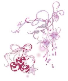 a drawing of two hearts and stars on a white background with pink swirls in the middle