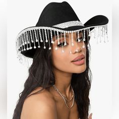 New Black Rhinestone Fringe Cowgirl Cowboy Party Hat Black With Rhinestone Fringe Adjustable Inner Rhinestone Band Great For Country Concert, Bachelorette Party, Night Out, Bridal, Club, Costume, Etc. Rhinestone Cowgirl Hat, Rhinestone Cowboy Hat, Edc Festival, Rhinestone Cowboy, Rhinestone Cowgirl, Festival Mode, Disco Cowgirl, Cowgirl Gifts, Hat Bands