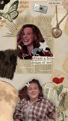 an altered collage with pictures and words on it, including a woman's face