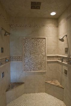 a bathroom with a shower, sink and bathtub in the middle of it's walls