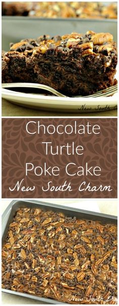 chocolate turtle poke cake with nuts on top and in the middle, next to a plate