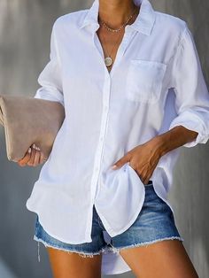 Women's Shirt Blouse Cotton  Button Pocket Work Daily Solid Basic Long Sleeve Shirt Collar White Summer Spring 2024 - $21.99 Basic Blouses, Classic Blouses, Loose Outfit, 2019 Fashion, Basic Shirts, Vestido Casual, Black White Pink, Women Shirts Blouse, Sleeves Pattern