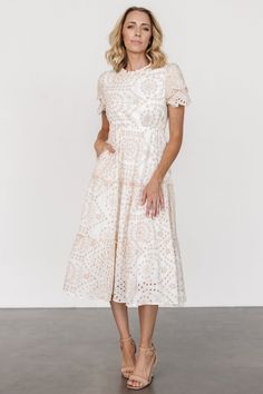 Mirabel Eyelet Midi Dress | White + Natural Scallop Sleeves, Eyelet Midi Dress, Knee Length Wedding Dress, Midi Dress White, Destination Dress, Tiered Midi Skirt, Baltic Born, Short Layered, Fall Winter Dresses