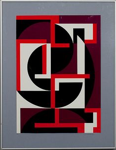 an abstract painting with red, black and white squares