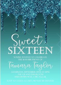 the sweet sixteen birthday party is set up with blue glitter and sparkles on it