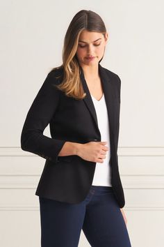 This is an elegant, timeless blazer you can easily dress up or down. In classic Black with button fastening and silk-feel lining, it is a wardrobe must-have. Dress up your favourite pair of Bengajeans® or pair with one of our silk scarves for an effortless casual look. Black Blazers, Silk Scarves, Classic Black, Casual Looks, Must Haves, Dress Up, Blazer, Silk, Wardrobe