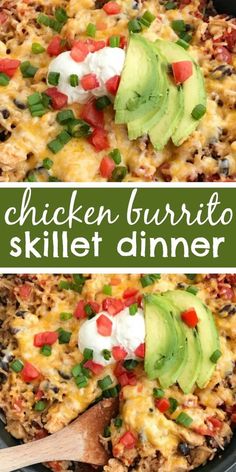 chicken burrito skillet dinner with avocado and sour cream