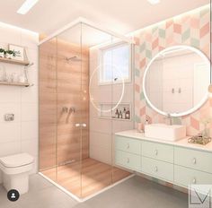 the bathroom is decorated in pastel colors and has a round mirror over the sink