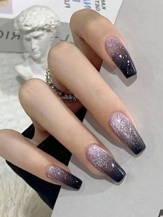 Black And Gold Ombre Nails Glitter, Classy Sparkly Nails, Black Or White Nails, Black Glitter Tip Nails, Black Glass Nails, Cute Black Nails Acrylic, Edgy Winter Nails, Black Galaxy Nails, Black Iridescent Nails