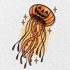 an orange jellyfish with halloween pumpkins on it's head is floating in the air