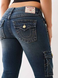 BIG T LOW RISE CARGO FLARE JEAN True Religion Jeans Women, Jeans Pattern, Low Rise Flare Jeans, Patterned Jeans, Fall Denim, Painted Denim, Kids Denim, True Religion Jeans, Ripped Denim