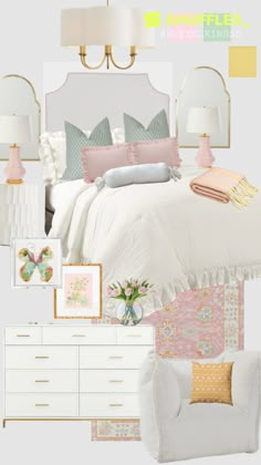 a bedroom with white furniture and pink accents on the walls, including a bed, dresser,