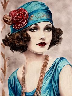 a drawing of a woman wearing a blue hat with a rose on it's head