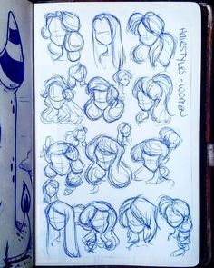 an open book with sketches of cartoon character heads and various hair styles on the pages