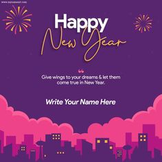 a happy new year card with fireworks in the sky and cityscape behind it