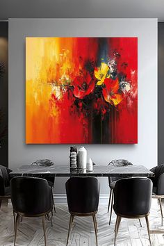 Vibrant floral abstract oil painting with bold red, yellow, and orange background and abstract flower shapes Floral Abstract, Delicate Flower, Modern Painting, Abstract Floral, Art Drawing, 3d Art, Flower Painting