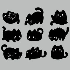 black cats and kittens are shown in different positions on a gray background, including one with