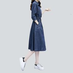 Elevate your style with our classic shape and flare jeans dress from our 2023 Autumn Collection! Classic and stylish. this elegant piece is the perfect addition to any wardrobe.Why You'll Love ItThis proven denim dress is crafted with a medium wash. giving it a unique and eye-catching look. The shape and flare silhouette is textured to hug your curves in all the right places. while the breathable fabric ensures you stay casual while looking chic.Key Highlights: Classic Fit: The classic silhouett Denim Belt, Autumn Collection, Denim Color, 2023 Autumn, Sleek Look, Colored Denim, Style Classic, Jeans Dress, Flare Jeans