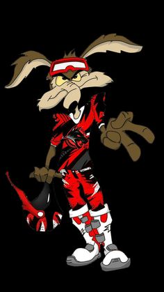 an image of a cartoon rabbit with red and white clothing on, holding a baseball bat