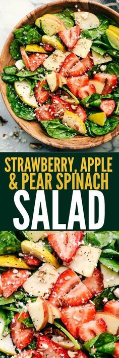 strawberry apple and pear spinach salad in a wooden bowl with the title overlay