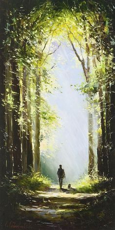 a painting of a person walking down a path in the woods with sunlight coming through trees